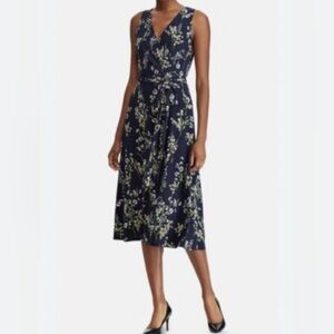 Ralph Lauren Blue and White Pleated Tie Front Midi Dress